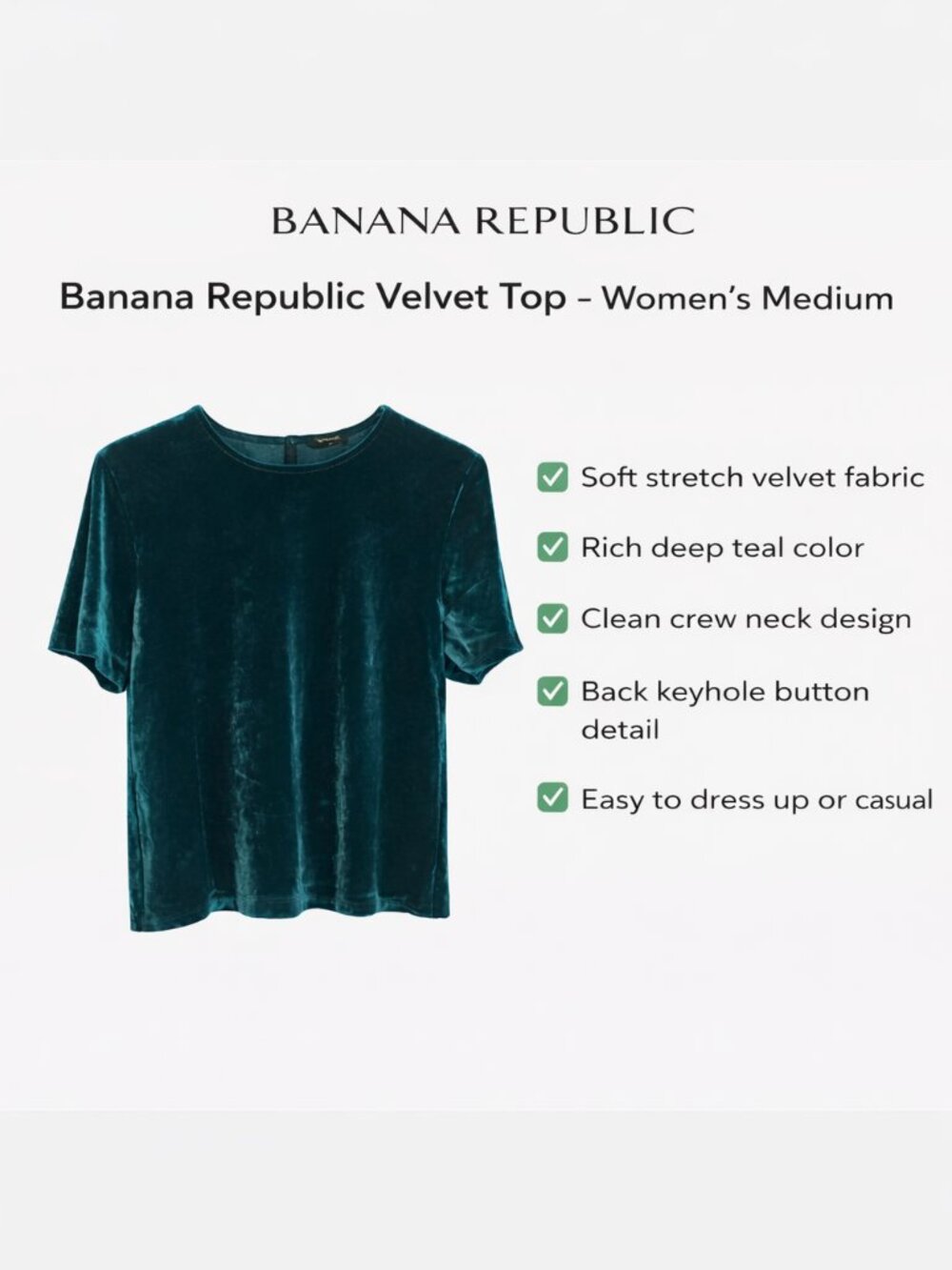 Banana Republic Velvet Top Medium Teal Soft Stretch Elegant - Picture 6 of 6